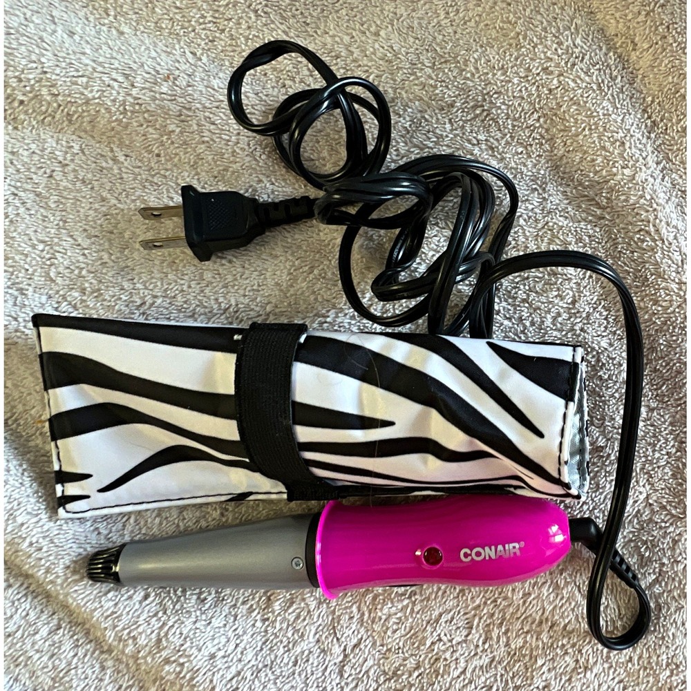 Conair Curling Iron/Wand Electric w/ Attachments, Zebra Travel Pouch Pink